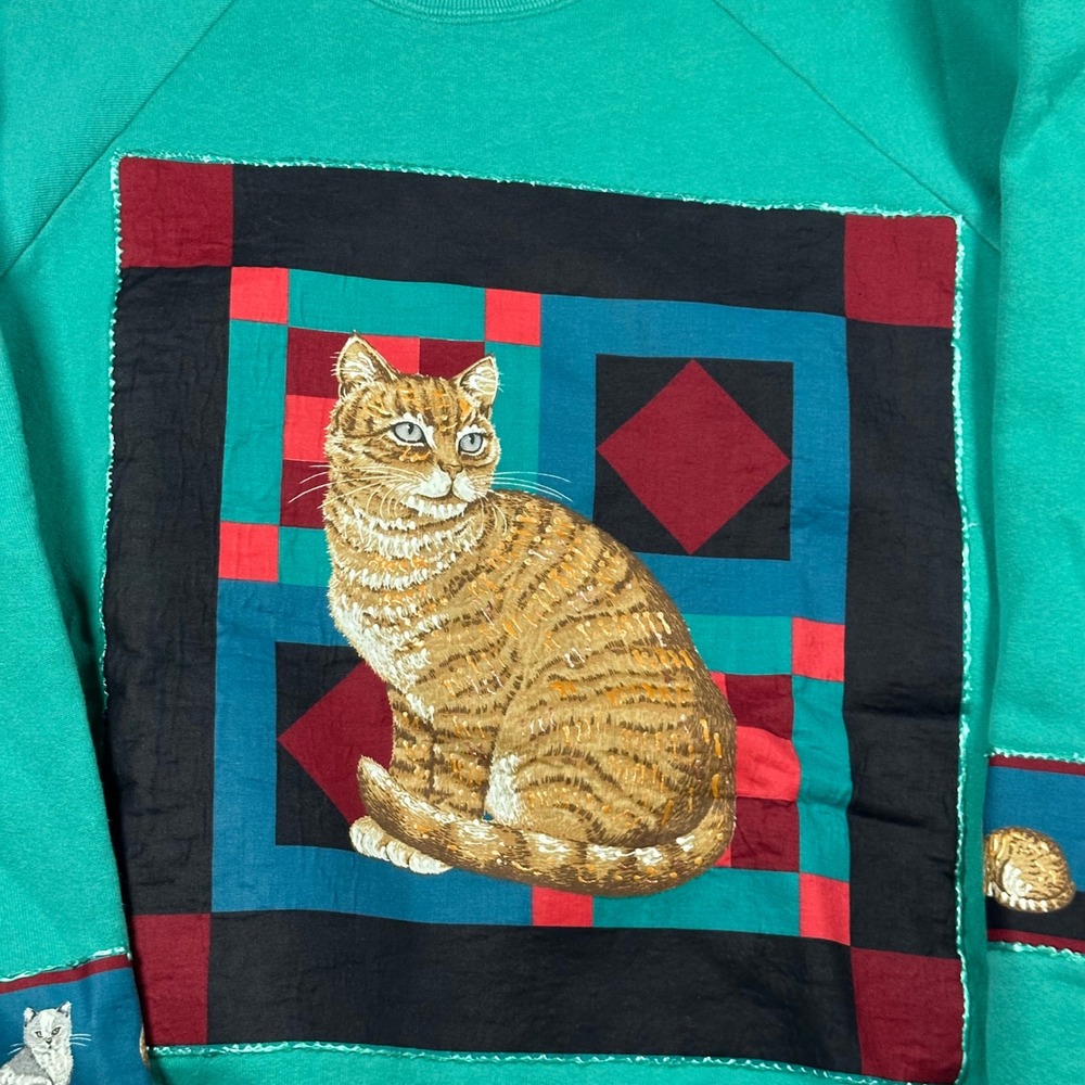 Vintage Fruit of the Loom Cat Quilt Sweatshirt XL Teal Green Made in USA 90s - Picture 3 of 8